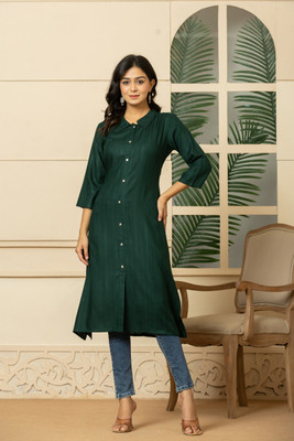 FLAMBOYANT Women Solid A-line Kurta(Green)