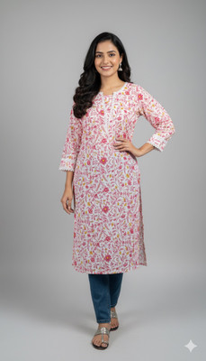 Elaasa Women Floral Print Straight Kurta(Pink, White)