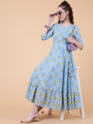 Gulmohar Jaipur Women Printed Flared Kurta(Light Blue)