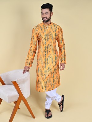 MANNYATA Men Embroidered A-line Kurta(Yellow, Blue)