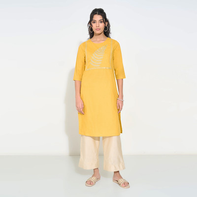Rangmanch by Pantaloons Women Embroidered A-line Kurta(Yellow)