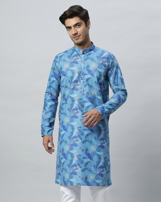 GlobalRang Men Floral Print, Printed Straight Kurta(Blue)