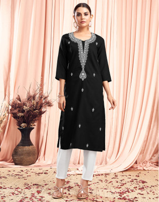 Samah Women Embroidered, Embellished, Dyed/Ombre, Self Design Straight Kurta(Black)