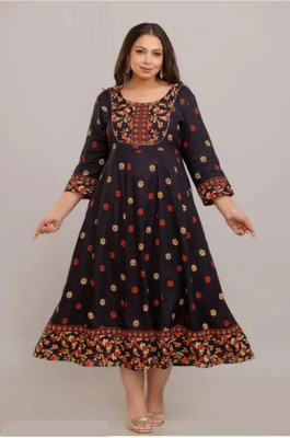Etzin Women Floral Print Flared Kurta(Black)