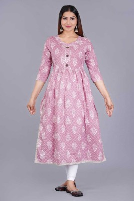 Hanu Fab Women Printed Trail Cut Kurta(Pink)