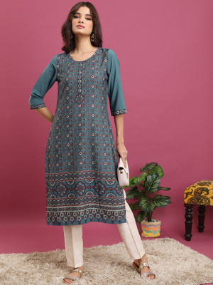 Vishudh Women Printed Straight Kurta(Blue)