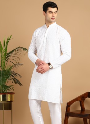 FUBAR Men Chikan Embroidery Straight Kurta(White)