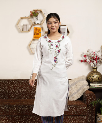 HDKHADICREATION Women Embroidered Straight Kurta(White)