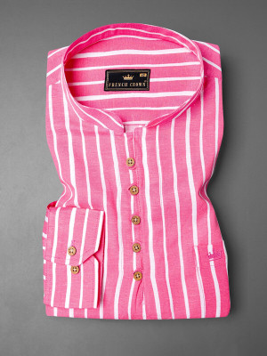 french crown Men Striped Straight Kurta(Pink)