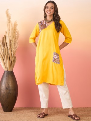 InWeave Women Solid Straight Kurta(Yellow)