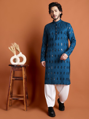 TIBRA Men Embellished Straight Kurta(Blue)