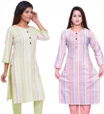 Attire Aspire Women Striped Straight Kurta(Green, Orange)