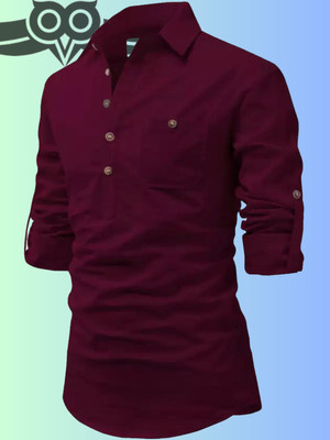 Classycollar By Liferoads Men Solid Pathani Kurta(Maroon)