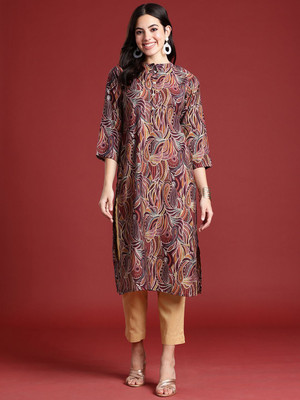 ANOUK Women Abstract Straight Kurta(Brown)