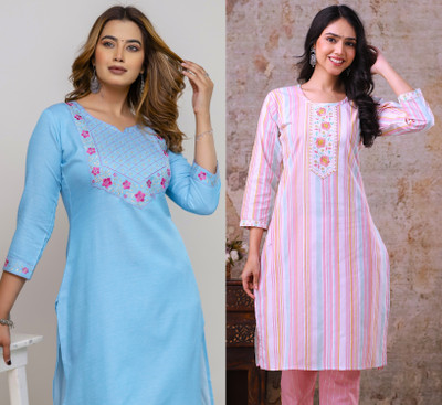 AUZAAI COLLECTION Women Embroidered, Striped Straight Kurta(Pink, Blue)