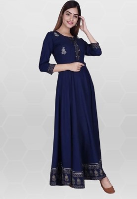 NAMAHART Women Embroidered Gown Kurta(Dark Blue)