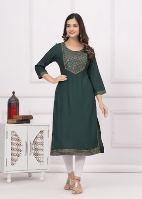 oceanabode Women Embroidered A-line Kurta(Green)