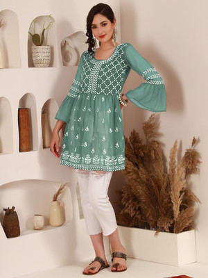 Anmi Chikan Embroidery Women Flared Kurta(Green)