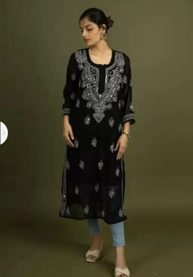 Handwork Chikankari Women Chikan Embroidery A-line Kurta(Black)