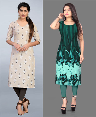 tanvi creation Women Printed A-line Kurta(Beige, Green)