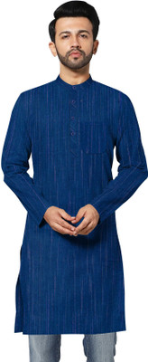 HS TEXTILES Men Self Design Straight Kurta(Blue)