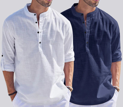 ZARTHA Men Solid Straight Kurta(Dark Blue, White)