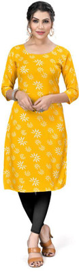 AK Fashion Women Printed Straight Kurta(Yellow, White)
