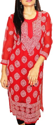 khaka Women Embroidered Straight Kurta(Red)