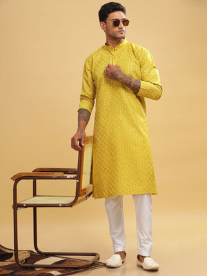 ANOUK Men Abstract Straight Kurta(Yellow)