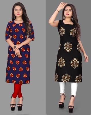 maruti fab Women Printed Straight Kurta(Black, Blue)