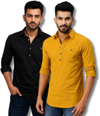 COTTONCHHAP Men Solid Straight Kurta(Black, Yellow)