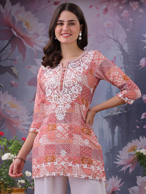 Estela Women Chikan Embroidery Straight Kurta(Orange)