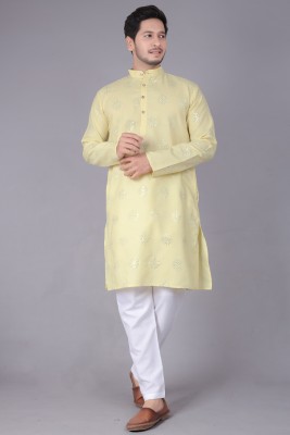 Ethzy Men Embellished Straight Kurta(Yellow)