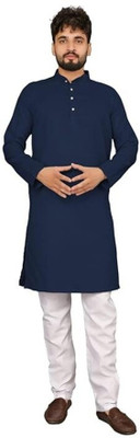 Wellspring Men Solid Straight Kurta(Blue)