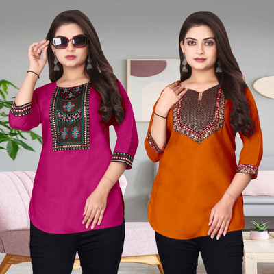 FSR Women Solid A-line Kurta(Orange, Pink)