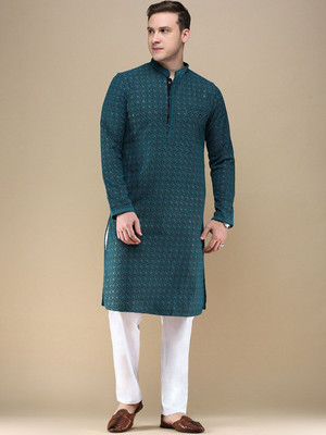 ANOUK Men Geometric Print Straight Kurta(Green)