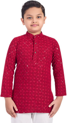 SQS Boys Woven Design A-line Kurta(Red, Pink)