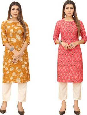 Gitanjali Trend Women Printed Straight Kurta(Yellow, Pink)