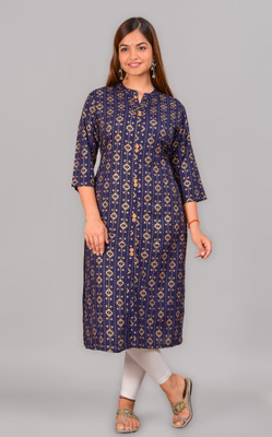 NEW4U Women Printed Straight Kurta(Dark Blue)