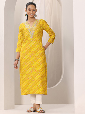 LIBAS Women Printed Straight Kurta(Yellow)