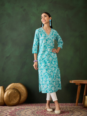 Sangria Women Printed Straight Kurta(Light Blue)