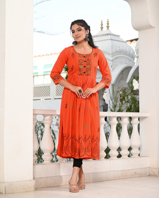 INDI INSIDE Women Block Print Anarkali Kurta(Orange)