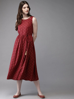 The Attire Destination Women Printed Flared Kurta(Maroon)