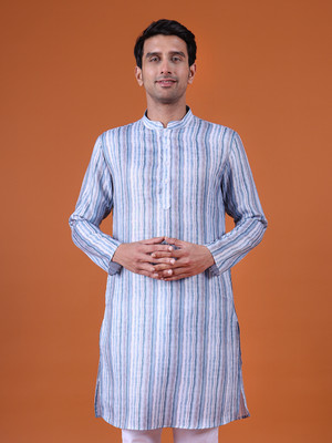 Namaskar Men Striped Straight Kurta(Green)