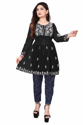 Honeycreationst Women Embroidered Straight Kurta(Black)