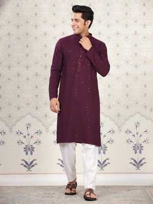 House of Pataudi Men Embroidered Ethnic Dress Kurta(Purple)