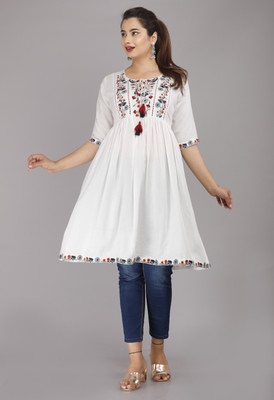 Azel Women Embroidered A-line Kurta(White)