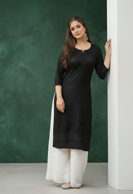Clothify Women Chikan Embroidery Straight Kurta(Black)