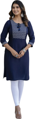 MF HAYAT Women Embroidered Straight Kurta(Blue)