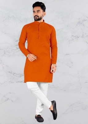 Lyolo Men Solid Straight Kurta(Orange)
